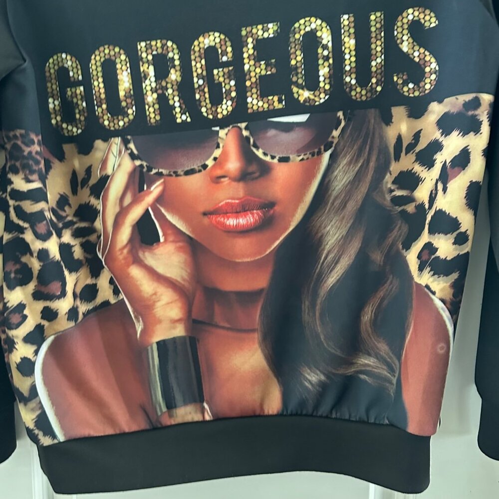 Gorgeous Leopard Print "Gorgeous" Graphic Sweatshirt By Blush Black & Multicolor - Picture 6 of 6